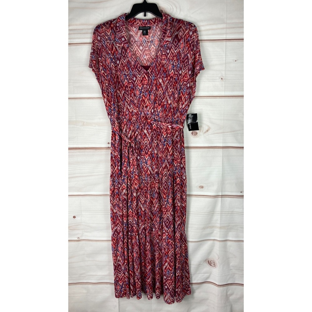 Stella & Julie Dress Women 16W Plus Mesh Knit Ikat Maxi 1/2 Button Elastic Waist